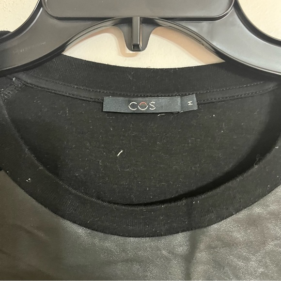 Women’s Cos Black 3/4 Sleeve Knee Length Dress Front Leather Panel Size Medium - Picture 3 of 7